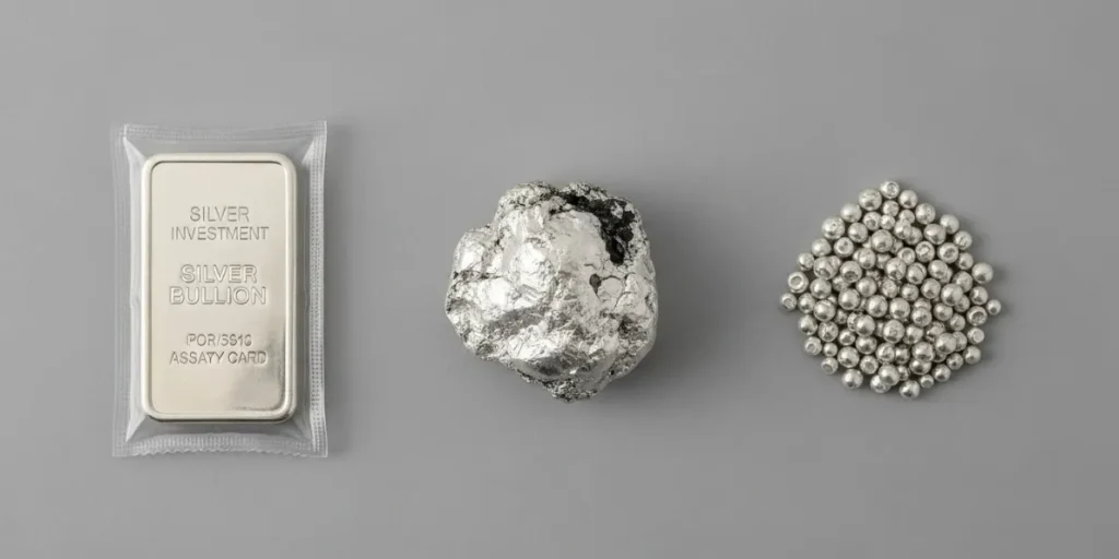 تفاوت نقره آبشده و شمش و ساچمه نقره از نظر ظاهری.