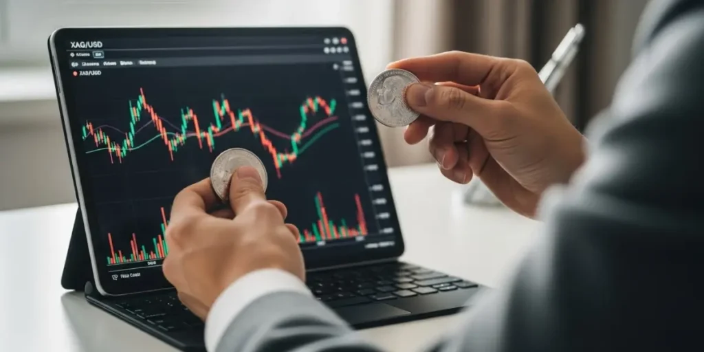 سرمایه‌گذار در حال تحلیل قیمت نقره فیزیکی روی سکه و بررسی همزمان نمودارهای دیجیتال در تبلت.