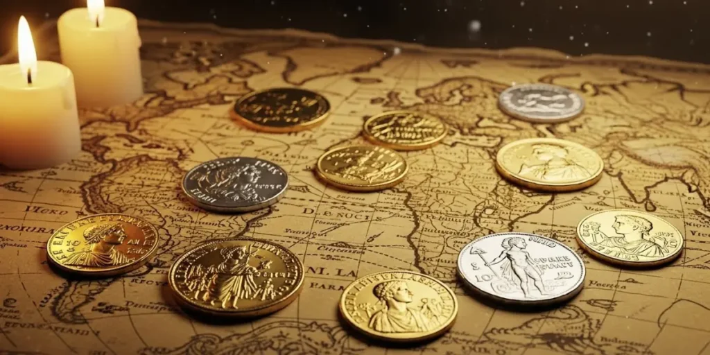 نشان دادن اهمیت نسبت طلا به نقره توسط سکه های نقره و طلا.