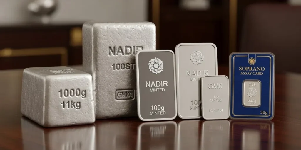 مقایسه انواع شمش نقره در وزن‌های مختلف از ۱ اونس تا ۱ کیلوگرم.