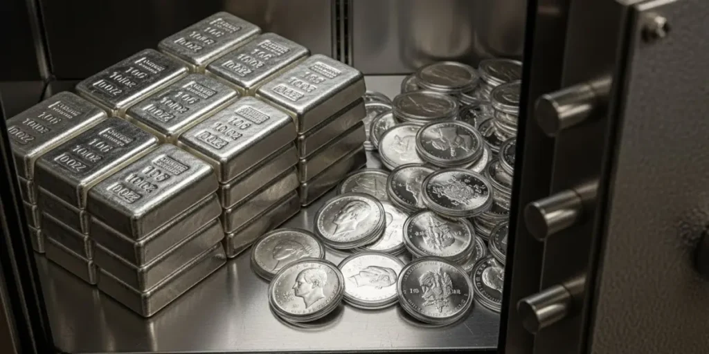 نمایش مزایای شمش نسبت به سکه نقره در انبارش آسان و نظم‌دهی داخل گاوصندوق.