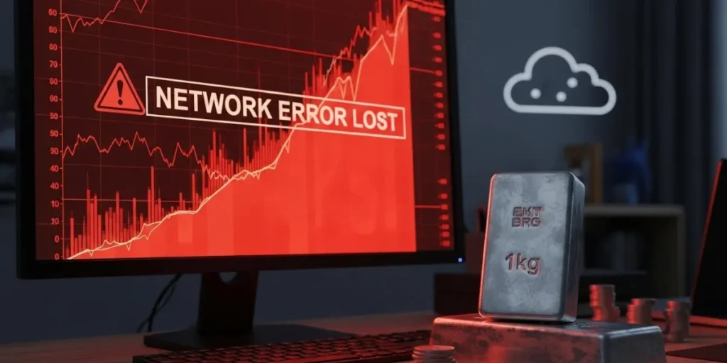 شمش نقره فیزیکی در کنار مانیتور با خطای شبکه قرمز رنگ، نشان‌دهنده ریسک خرید نقره دیجیتال.