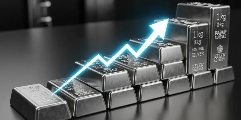 نمایش رشد سرمایه و سودآوری حاصل از خرید پله‌ای شمش نقره با فلش صعودی.