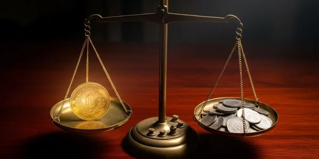 تصویر ترازوی کلاسیک که نسبت طلا به نقره را می‌سنجد.