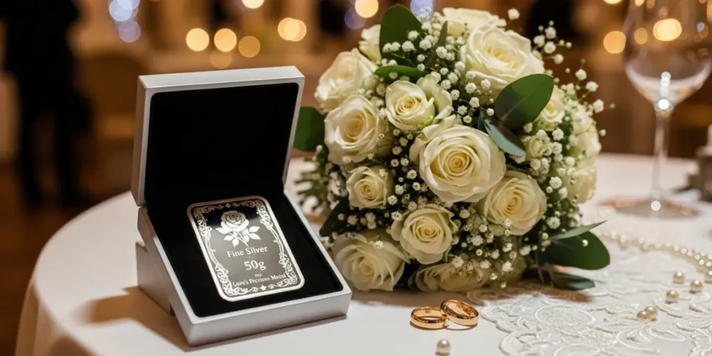 شمش نقره کادویی برای عروس کنار گل رز و حلقه‌های ازدواج.