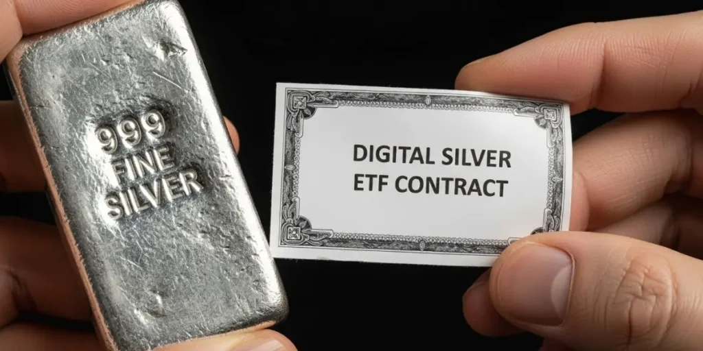 مقایسه ملموس شمش نقره واقعی در دست با کاغذ قرارداد صندوق ETF که نشان می‌دهد نقره دیجیتال چیه.