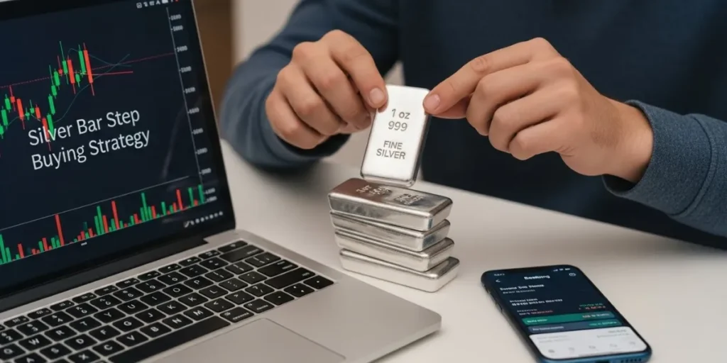آموزش تصویری اجرای استراتژی خرید پله‌ای نقره و مدیریت سرمایه با ابزارهای دیجیتال.