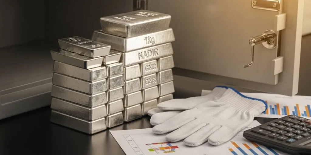 انواع شمش نقره سنگین در کنار گاوصندوق و ابزارهای مالی.