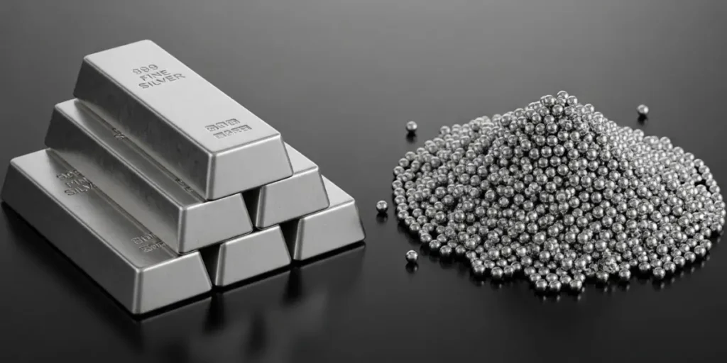 نمای نزدیک از شمش و ساچمه نقره برای خرید نقره فیزیکی.