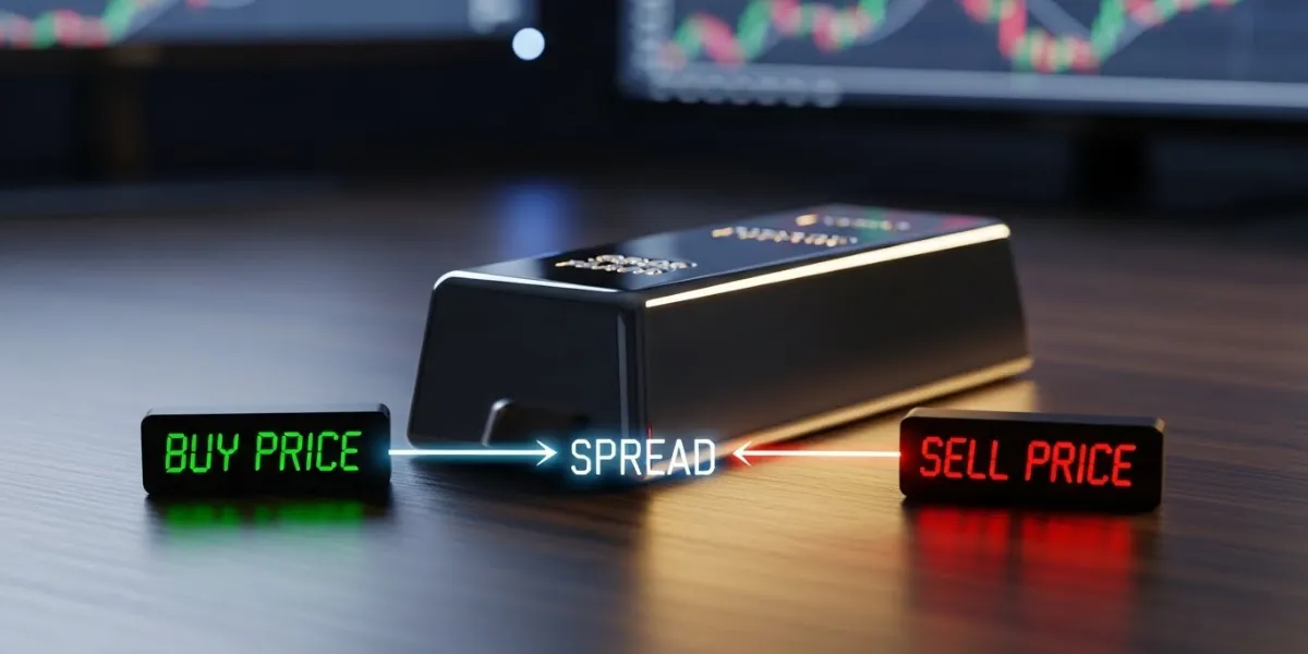 مفهوم اسپرد شمش نقره و نمایش اختلاف قیمت خرید و فروش در معامله.